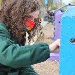 mujer pintando pinos de estacionamiento pintados de colores