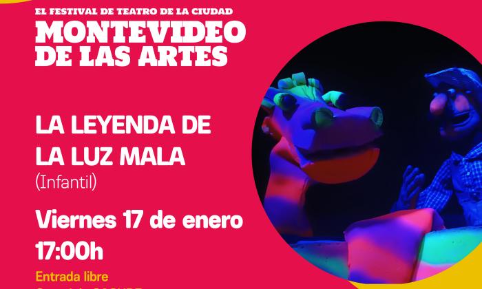 afiche de la obra en la que se ve una fotografía con títeres con luz negra
