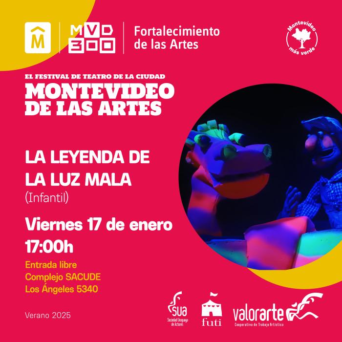afiche de la obra en la que se ve una fotografía con títeres con luz negra