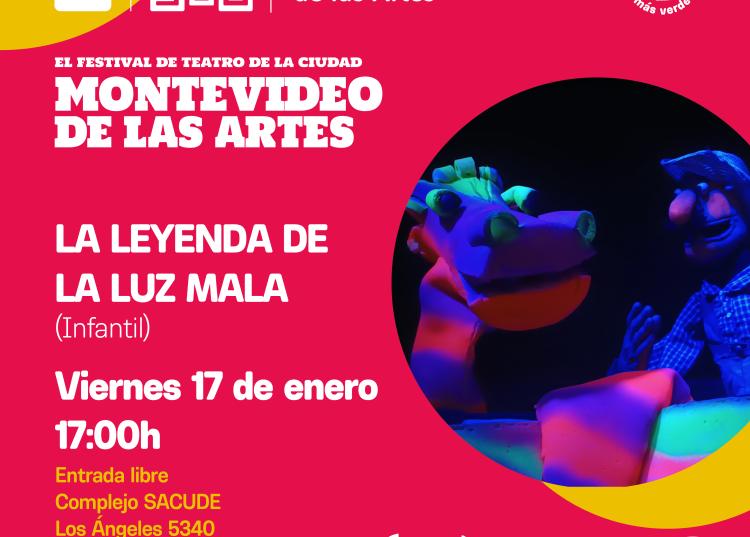 afiche de la obra en la que se ve una fotografía con títeres con luz negra