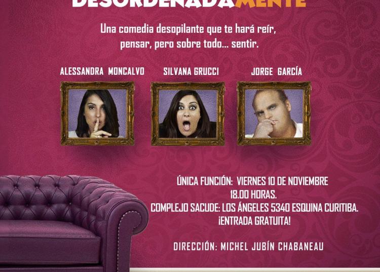 Afiche de la obra en el que se ve un sillón y la foto de dos actrices y un actor