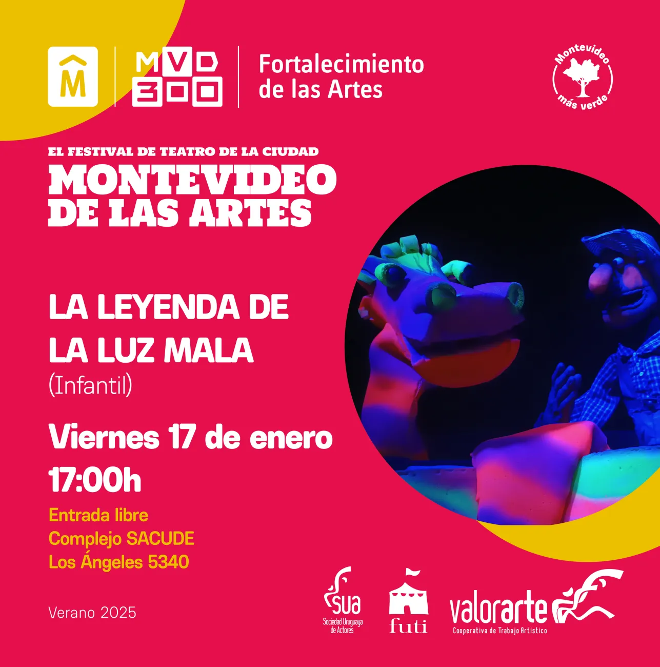 afiche de la obra en la que se ve una fotografía con títeres con luz negra