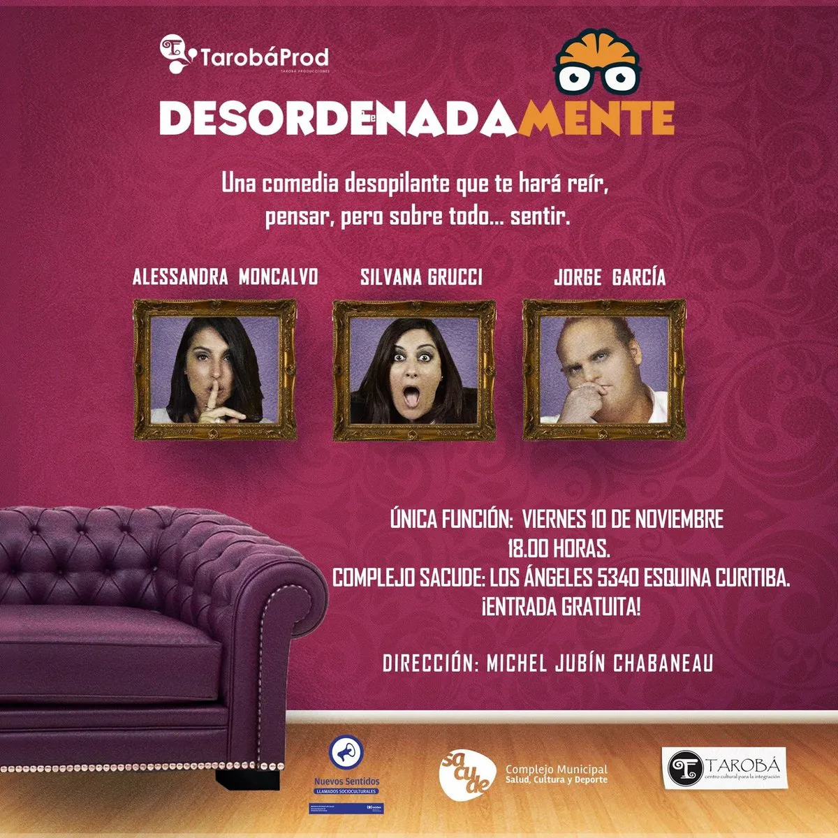 Afiche de la obra en el que se ve un sillón y la foto de dos actrices y un actor